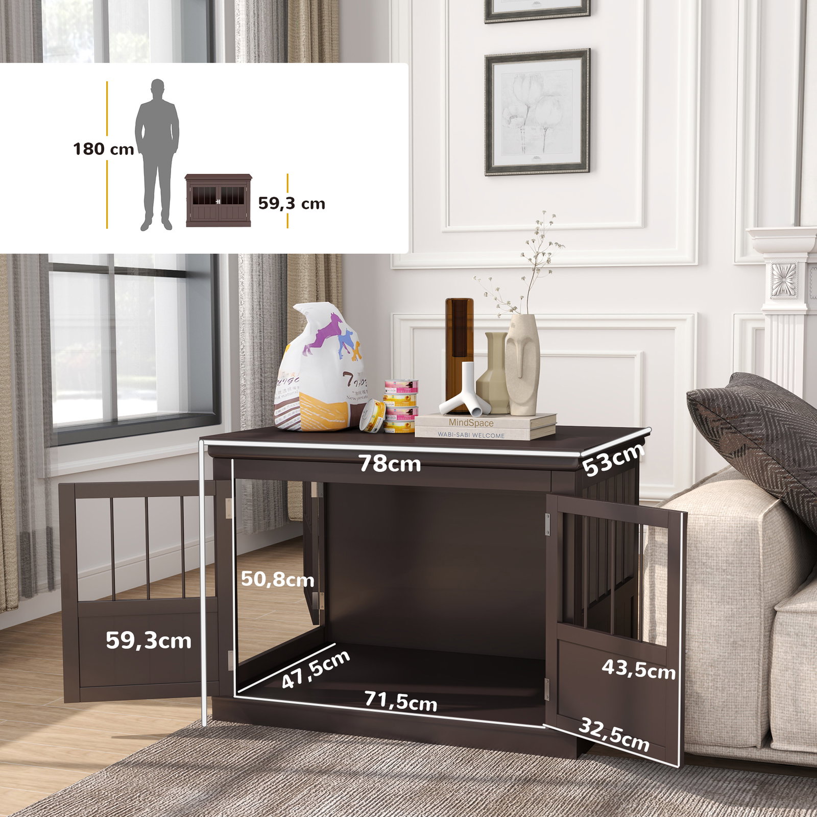 Gaiola para cães com mesa auxiliar 3 portas francês e fecho magnético para cães pequenos 78x53x59,3 cm castanho