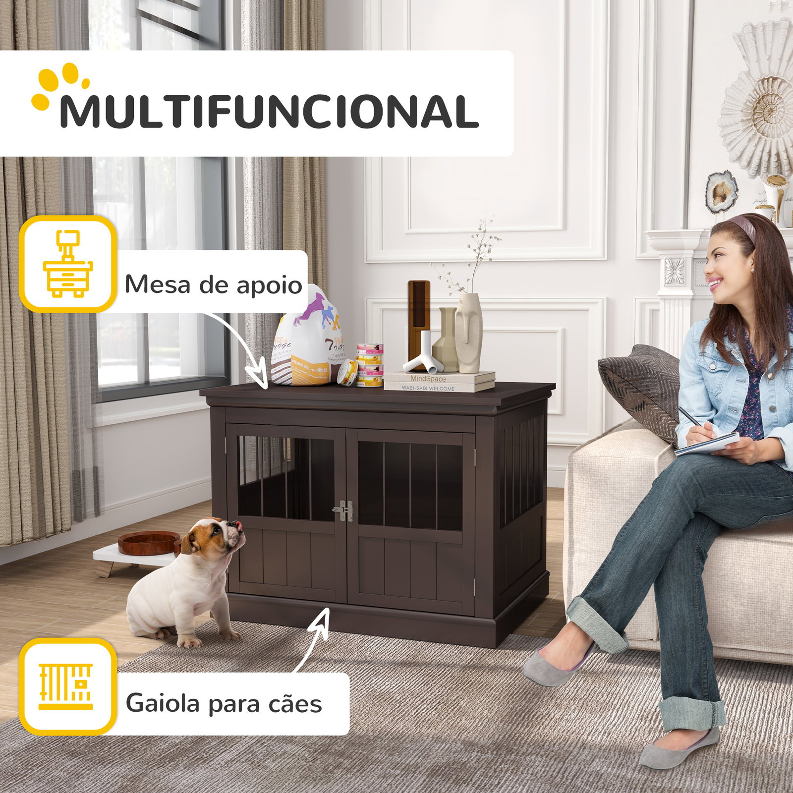Gaiola para cães com mesa auxiliar 3 portas francês e fecho magnético para cães pequenos 78x53x59,3 cm castanho