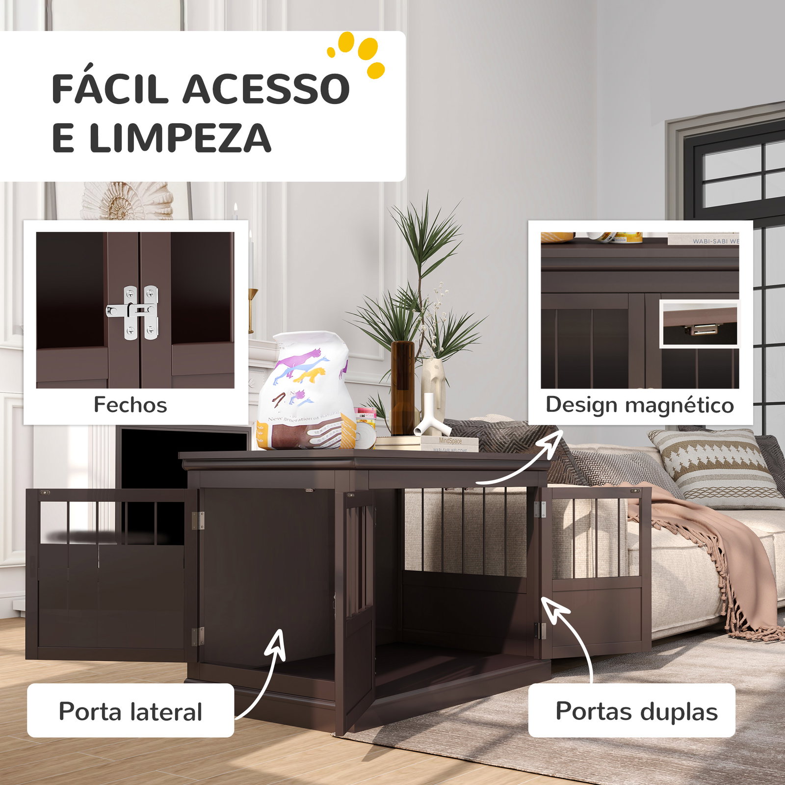 Gaiola para cães com mesa auxiliar 3 portas francês e fecho magnético para cães pequenos 78x53x59,3 cm castanho