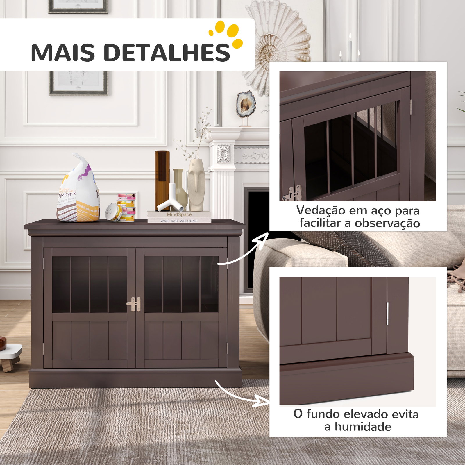 Gaiola para cães com mesa auxiliar 3 portas francês e fecho magnético para cães pequenos 78x53x59,3 cm castanho