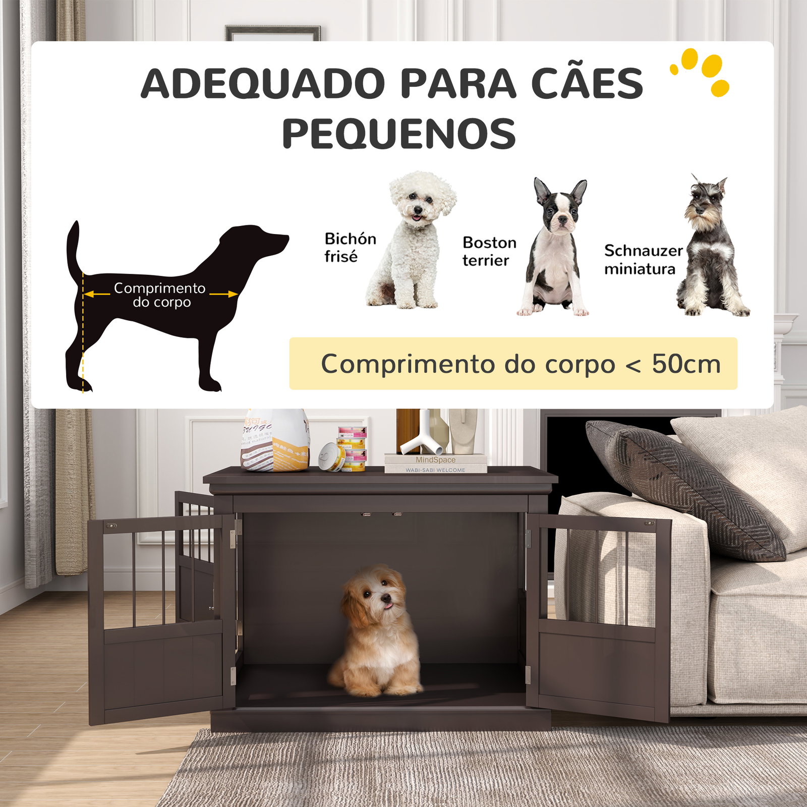 Gaiola para cães com mesa auxiliar 3 portas francês e fecho magnético para cães pequenos 78x53x59,3 cm castanho