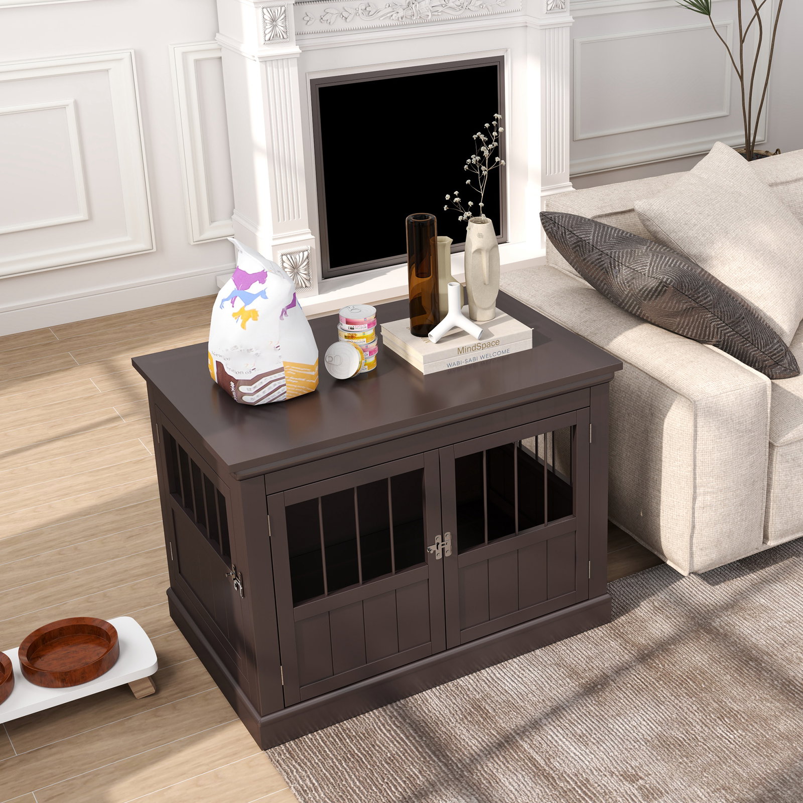 Gaiola para cães com mesa auxiliar 3 portas francês e fecho magnético para cães pequenos 78x53x59,3 cm castanho