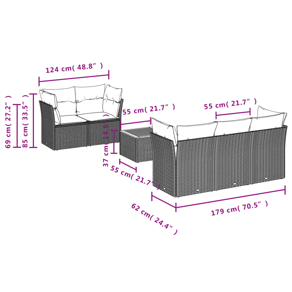 6 Pcs conjunto sofás de jardim c/ almofadões vime PE preto
