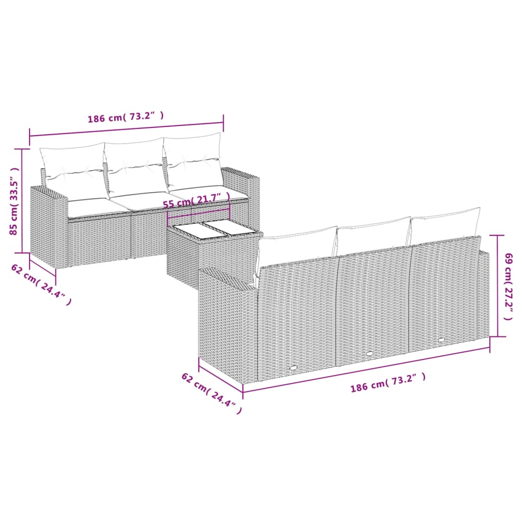 7 Pcs conjunto de sofás p/ jardim c/ almofadões vime PE preto