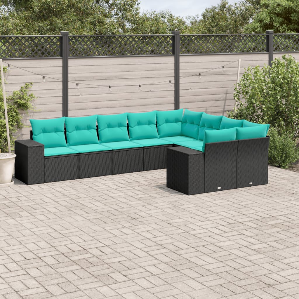 Conjunto de sofá de jardim de 9 peças com almofadas em rattan sintético preto