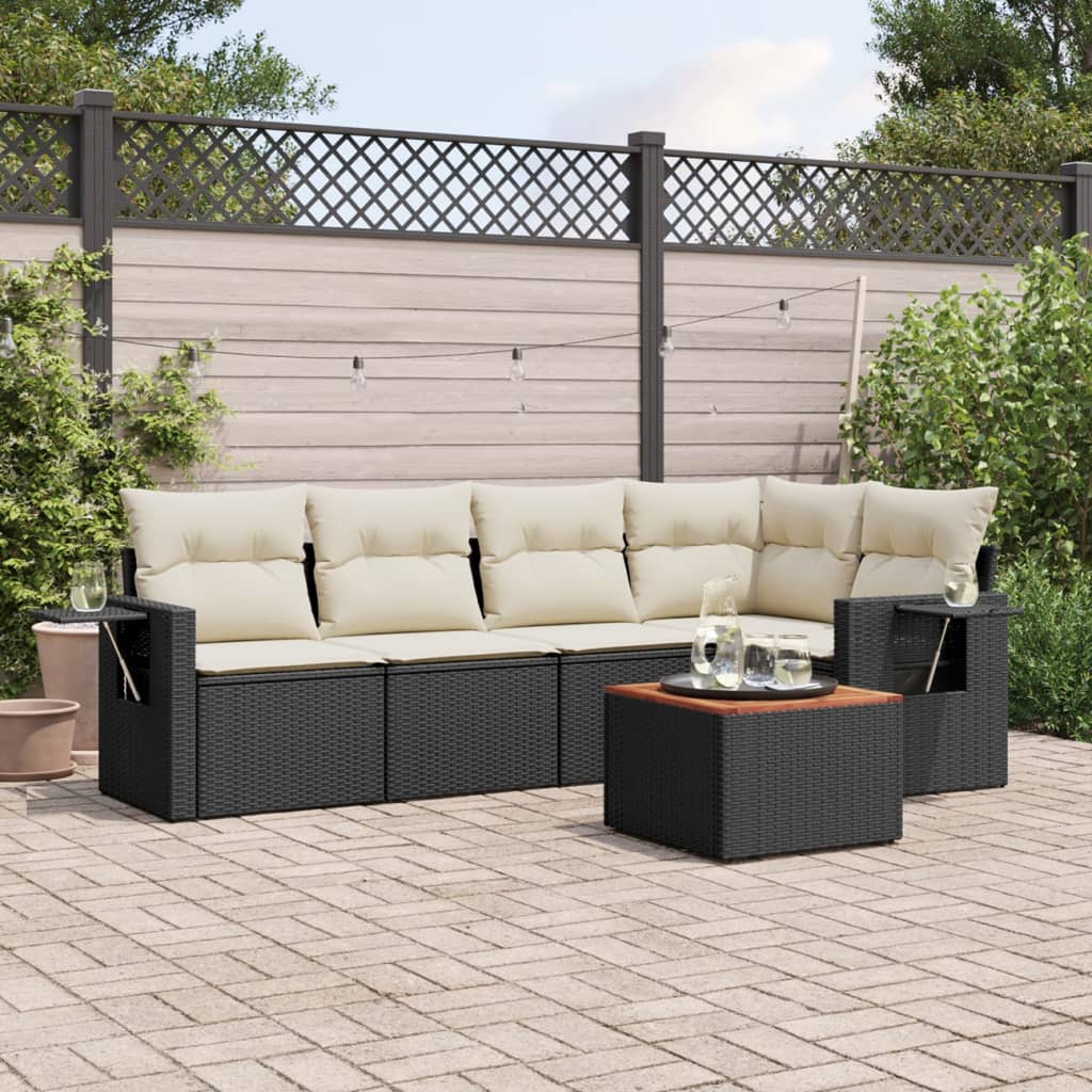 6 Pcs conjunto sofás de jardim c/ almofadões vime PE preto