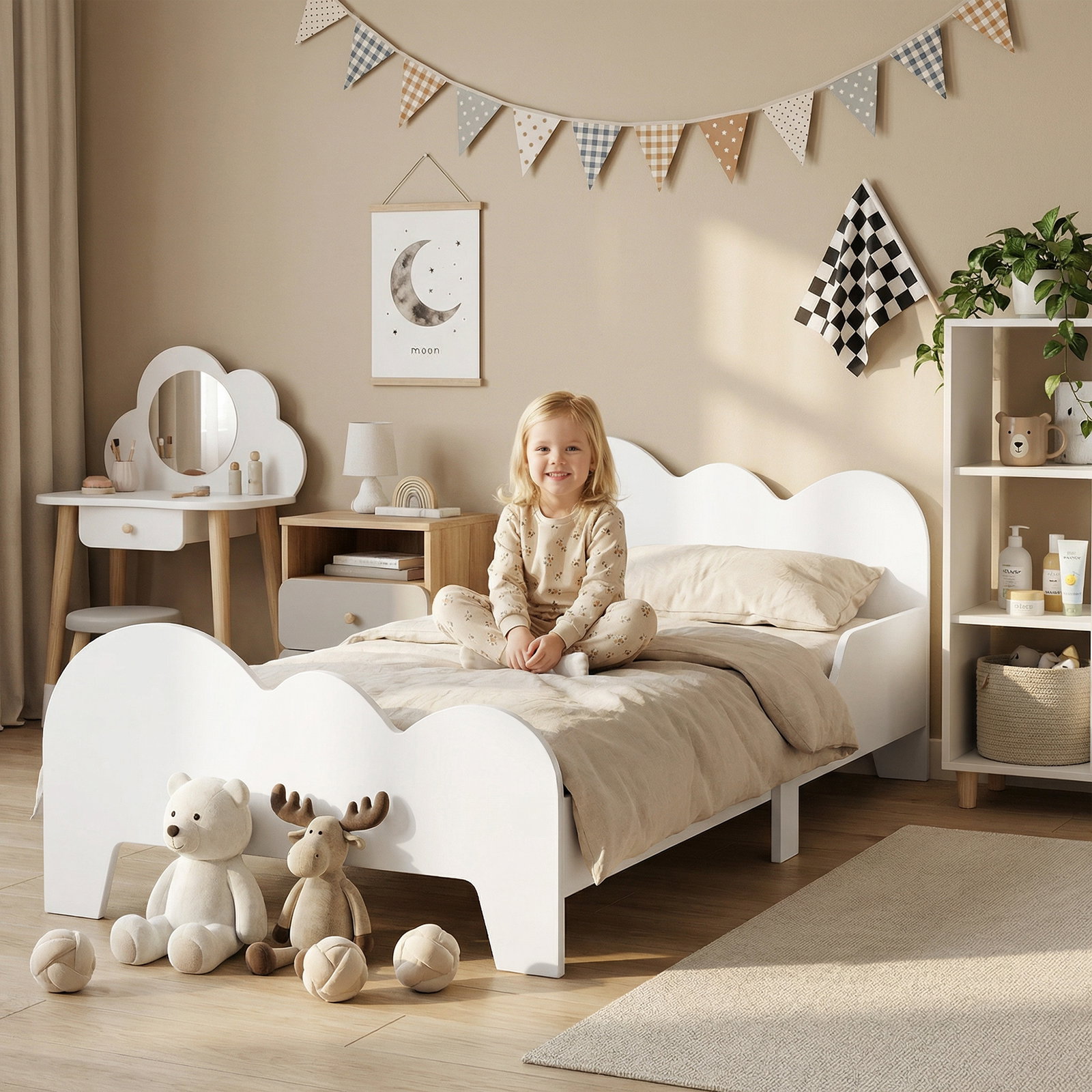 Cama para crianças 143,5x74,5x56 cm estrutura de cama infantil com desenho de núvem e barreira de segurança branco