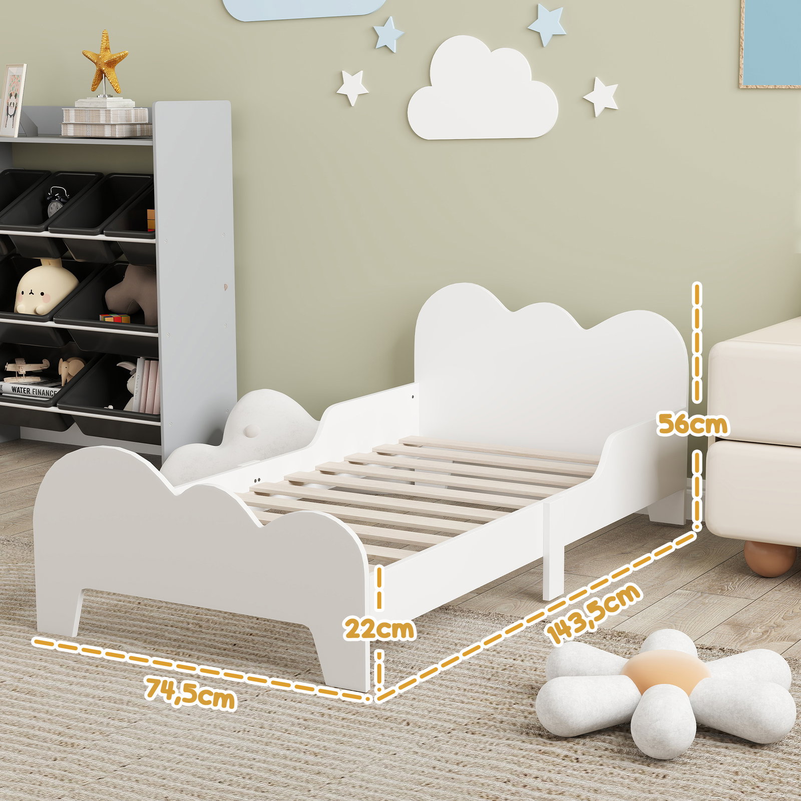 Cama para crianças 143,5x74,5x56 cm estrutura de cama infantil com desenho de núvem e barreira de segurança branco