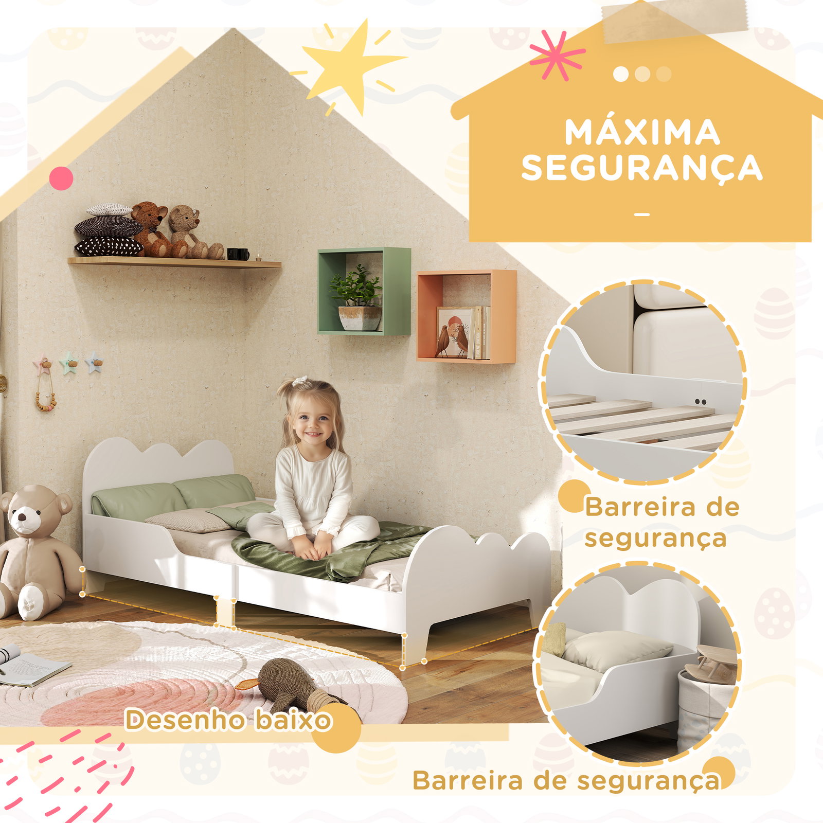Cama para crianças 143,5x74,5x56 cm estrutura de cama infantil com desenho de núvem e barreira de segurança branco