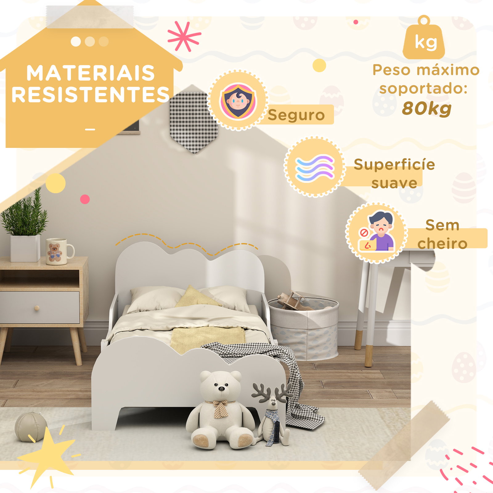 Cama para crianças 143,5x74,5x56 cm estrutura de cama infantil com desenho de núvem e barreira de segurança branco