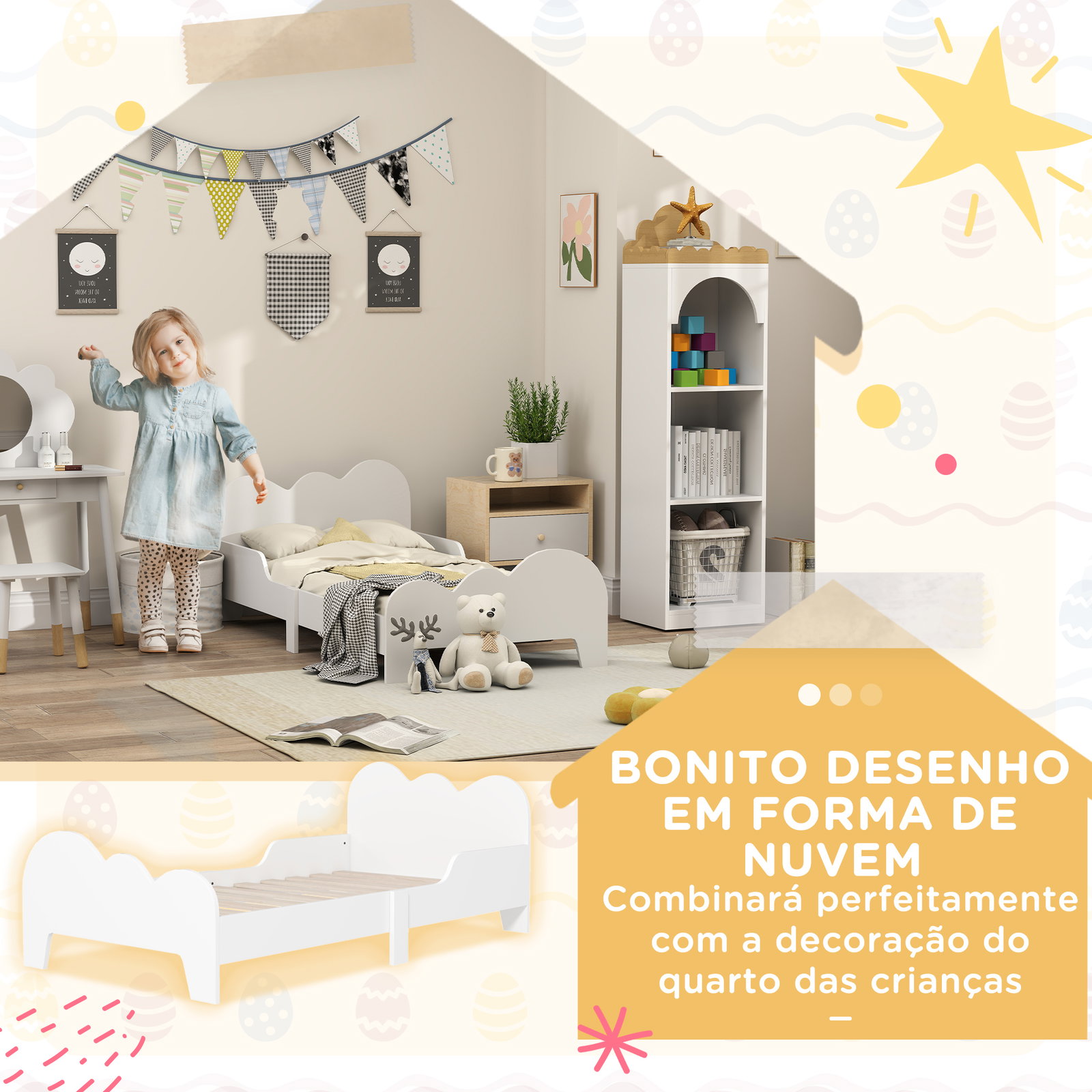 Cama para crianças 143,5x74,5x56 cm estrutura de cama infantil com desenho de núvem e barreira de segurança branco