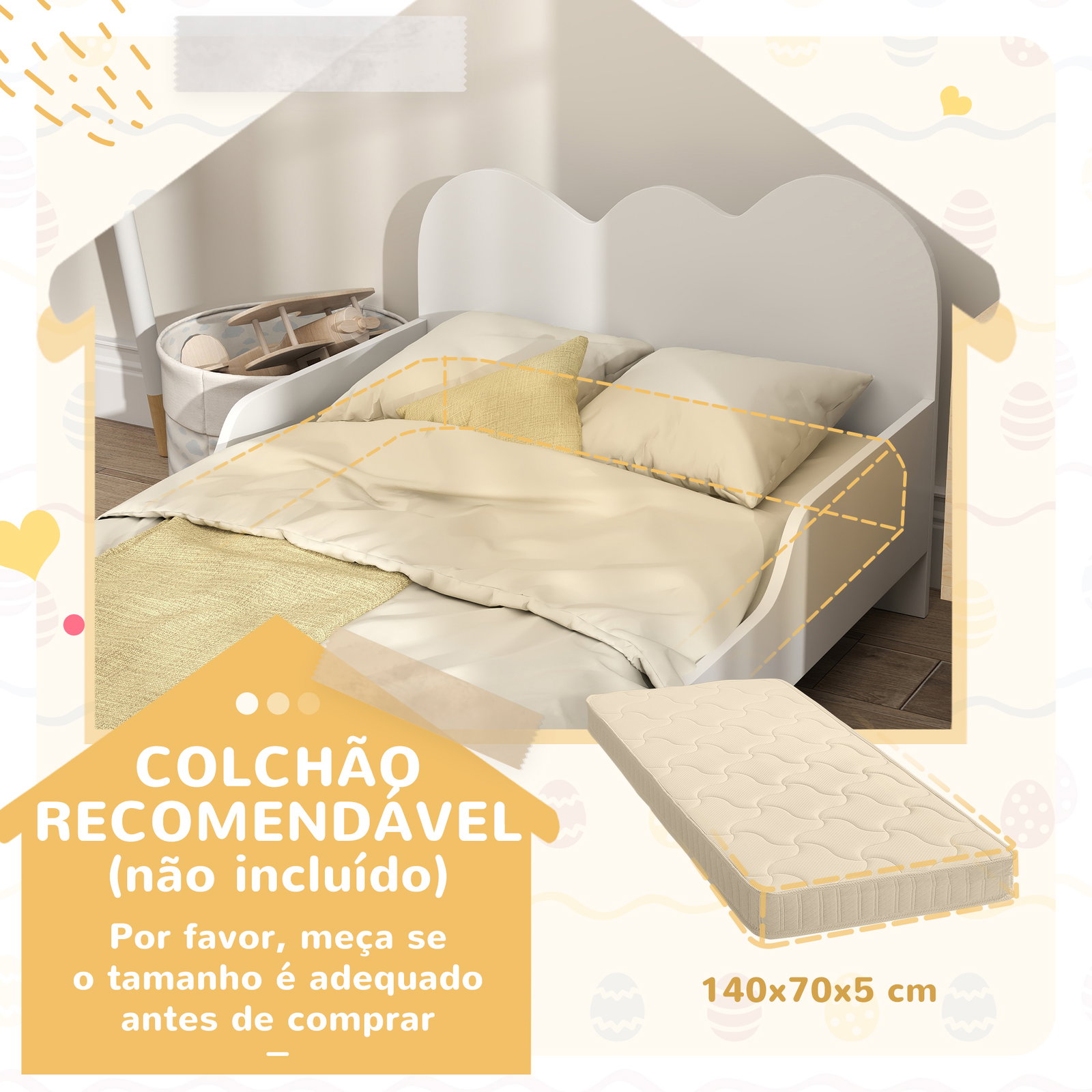 Cama para crianças 143,5x74,5x56 cm estrutura de cama infantil com desenho de núvem e barreira de segurança branco