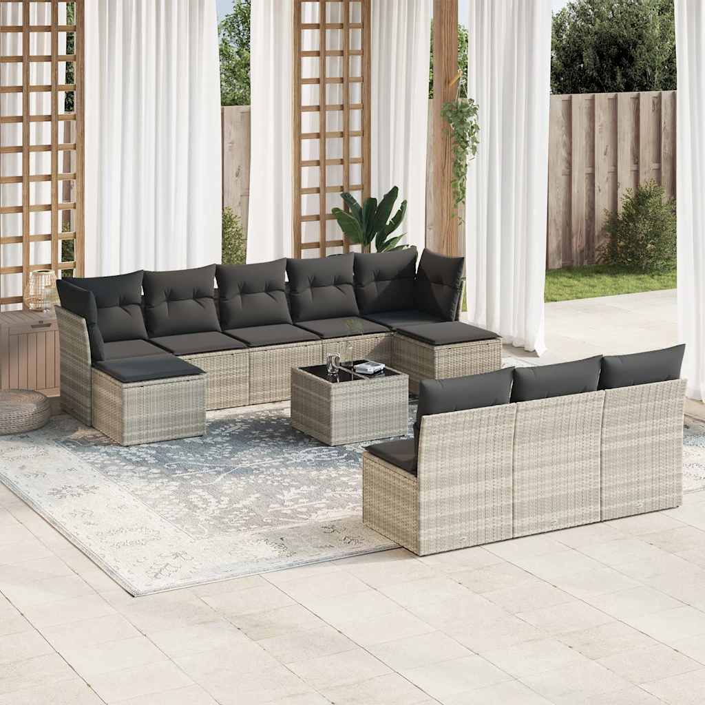 11 Pcs conjunto sofás de jardim c/ almofadões vime PE cinzento