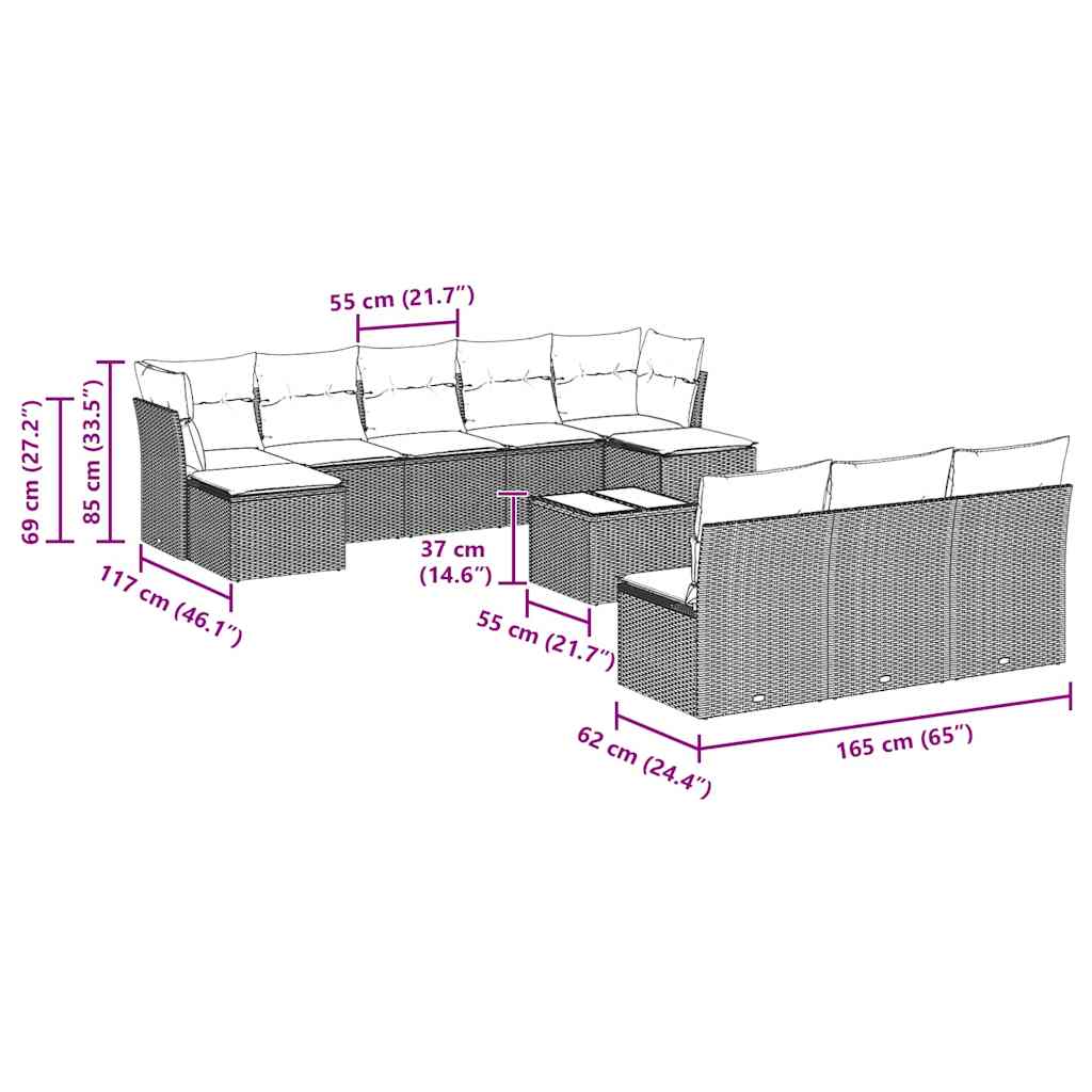 11 Pcs conjunto sofás de jardim c/ almofadões vime PE cinzento