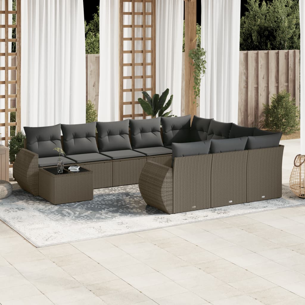 11 Pcs conjunto sofás de jardim c/ almofadões vime PE cinzento