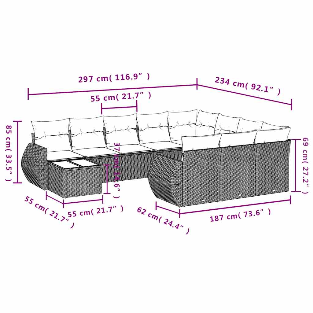 11 Pcs conjunto sofás de jardim c/ almofadões vime PE cinzento