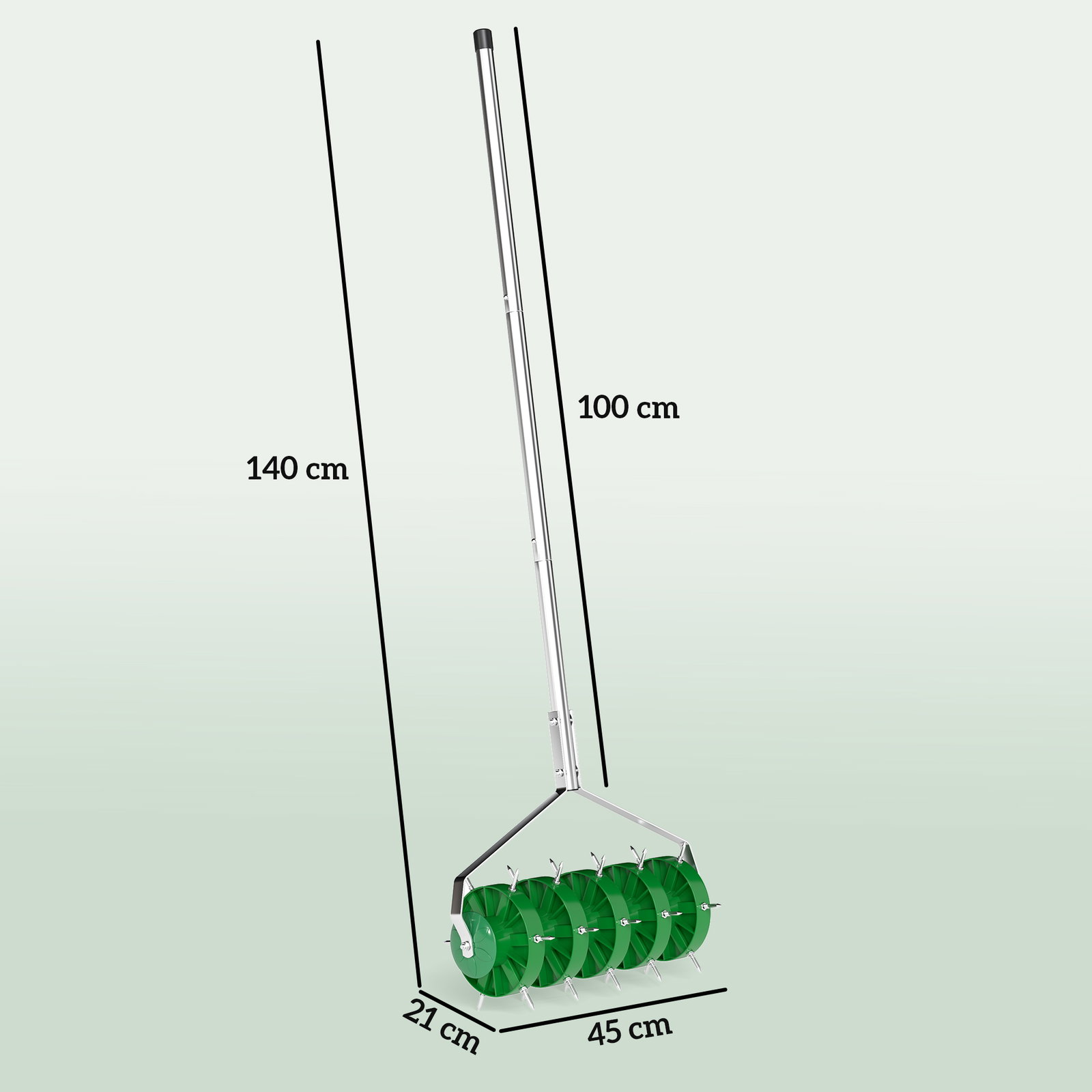 Rolo aireador de relva manual com pontas e cabo desmontável em três peças para jardim pátio 45x21x140 cm verde escuro