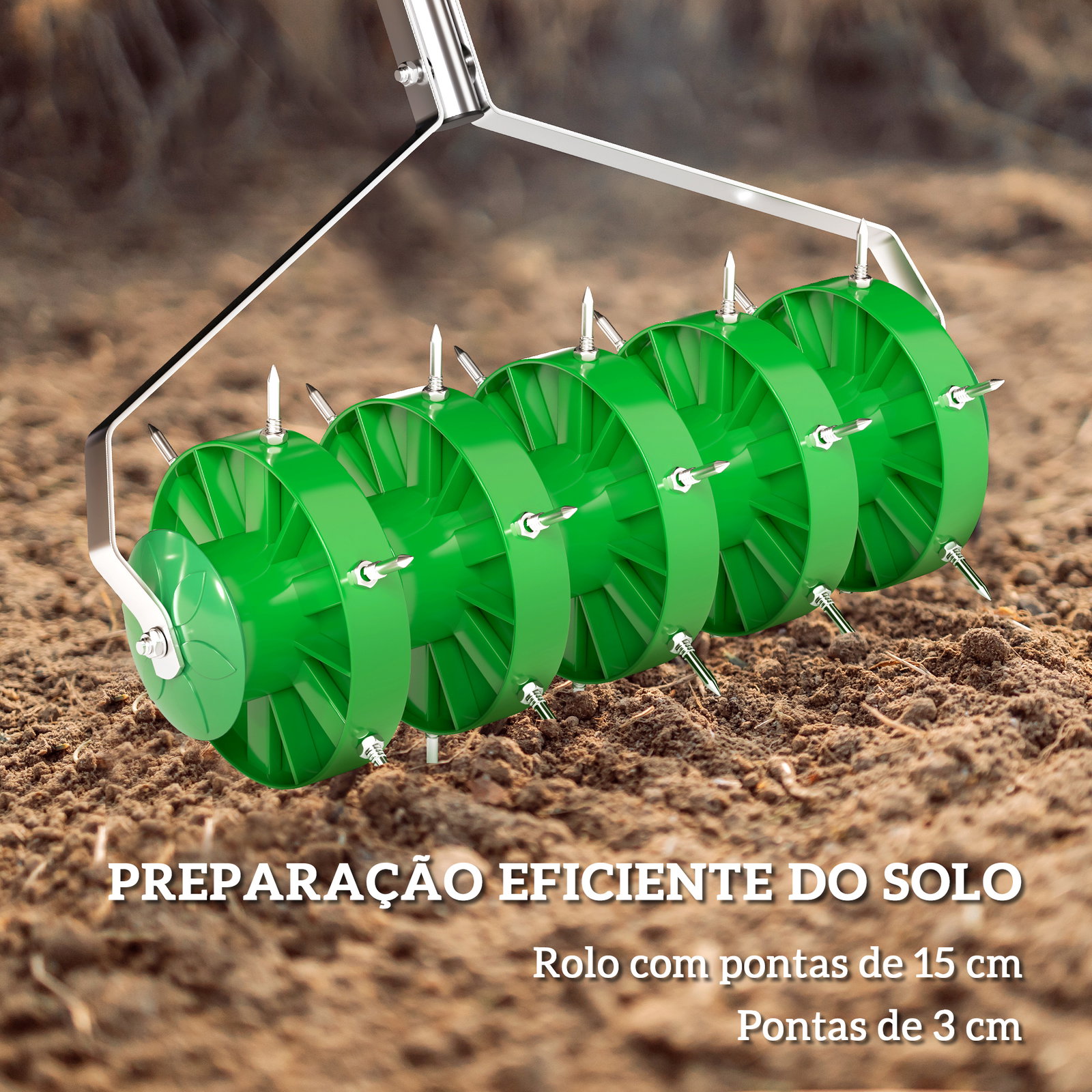 Rolo aireador de relva manual com pontas e cabo desmontável em três peças para jardim pátio 45x21x140 cm verde escuro