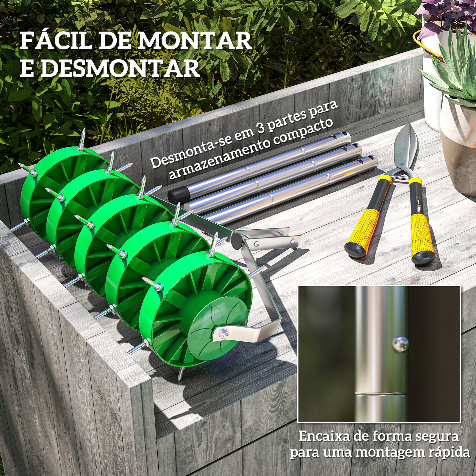 Rolo aireador de relva manual com pontas e cabo desmontável em três peças para jardim pátio 45x21x140 cm verde escuro