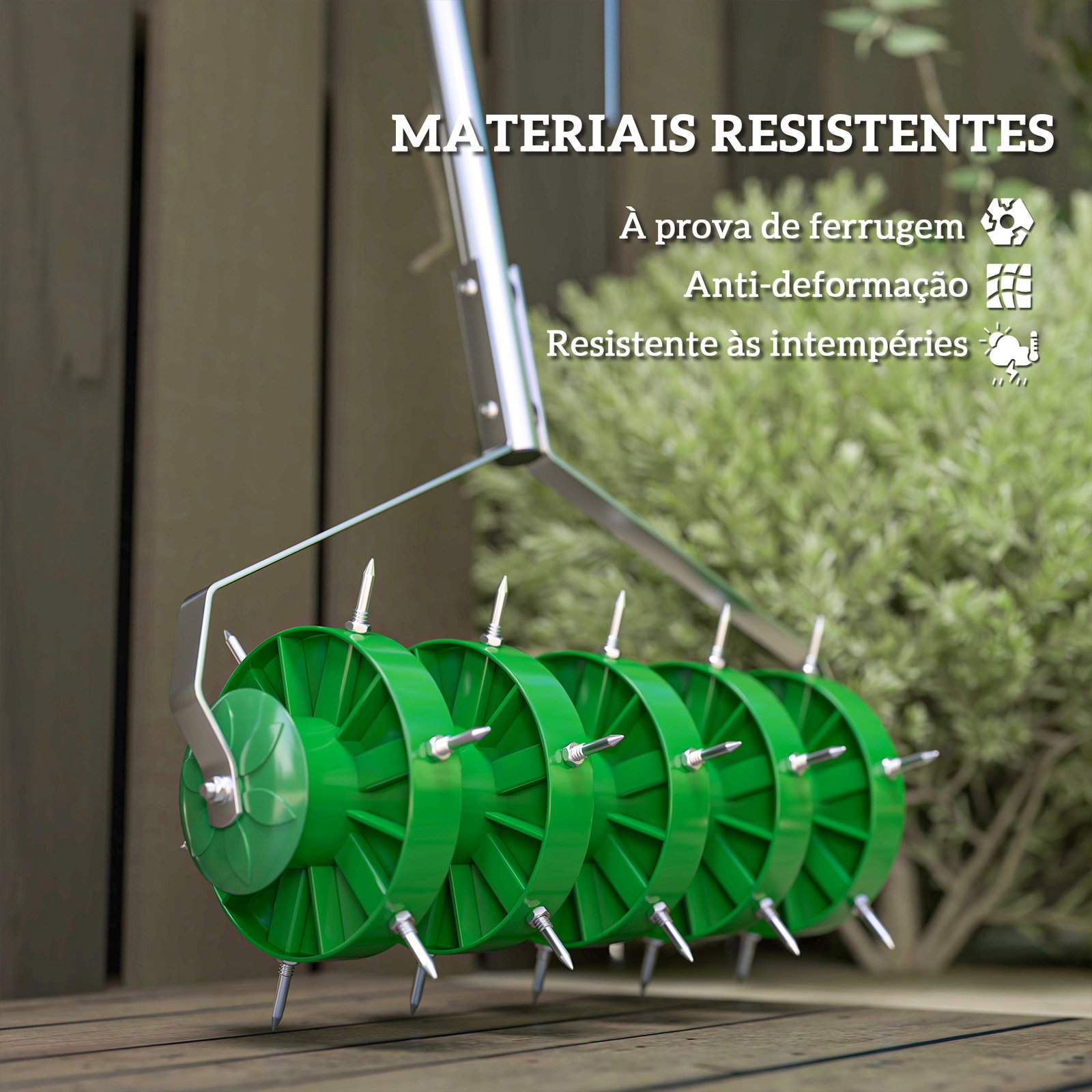 Rolo aireador de relva manual com pontas e cabo desmontável em três peças para jardim pátio 45x21x140 cm verde escuro