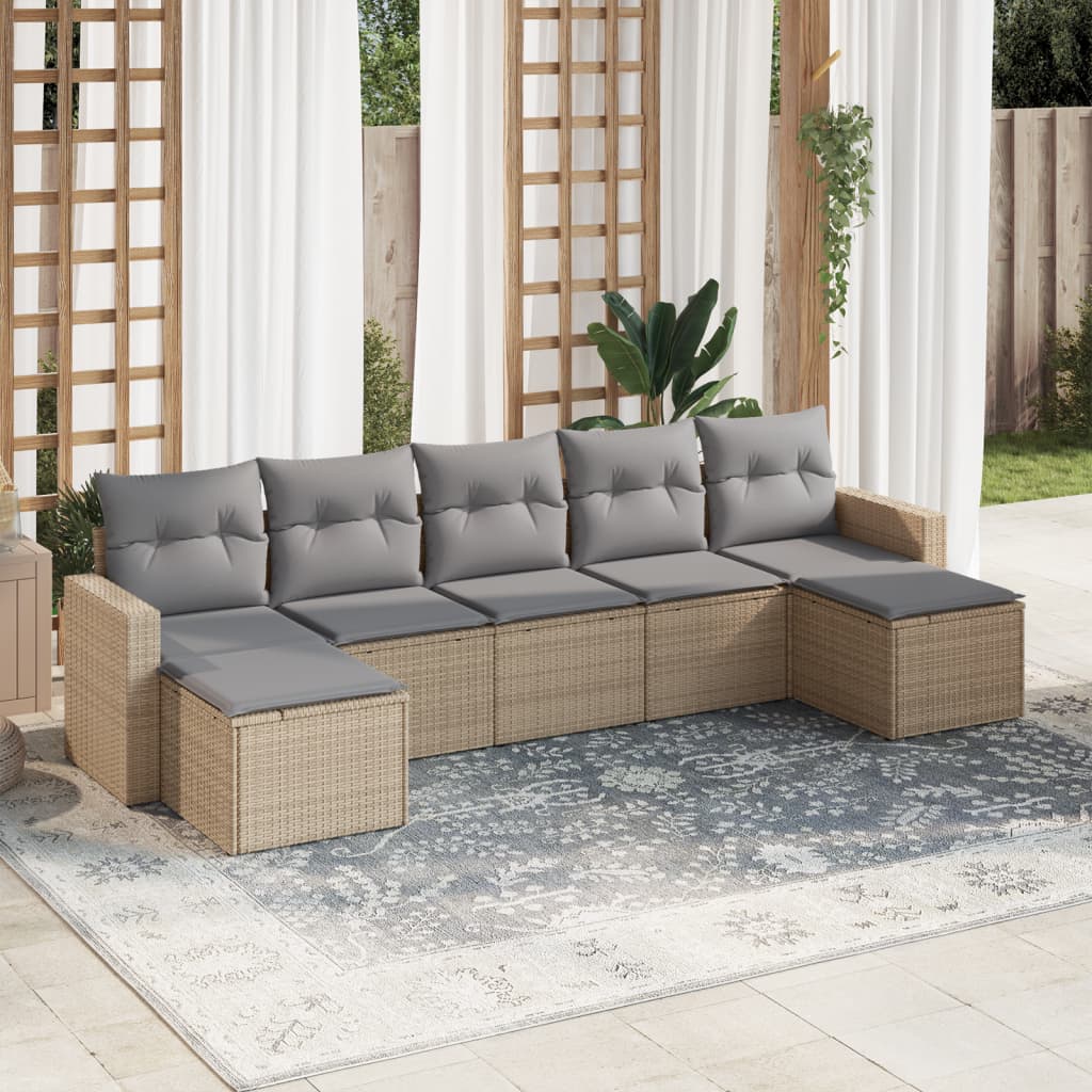 7 Pcs conjunto de sofás p/ jardim com almofadões vime PE bege