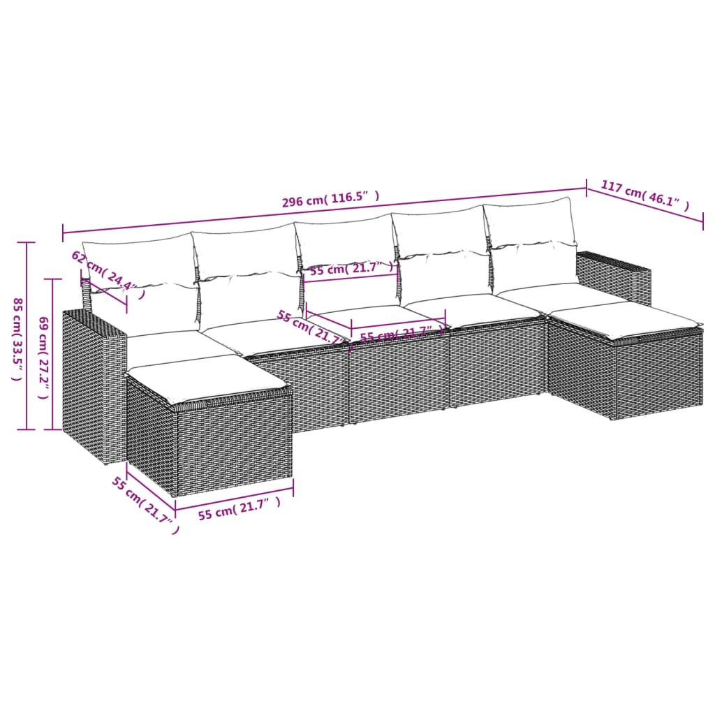 7 Pcs conjunto de sofás p/ jardim com almofadões vime PE bege