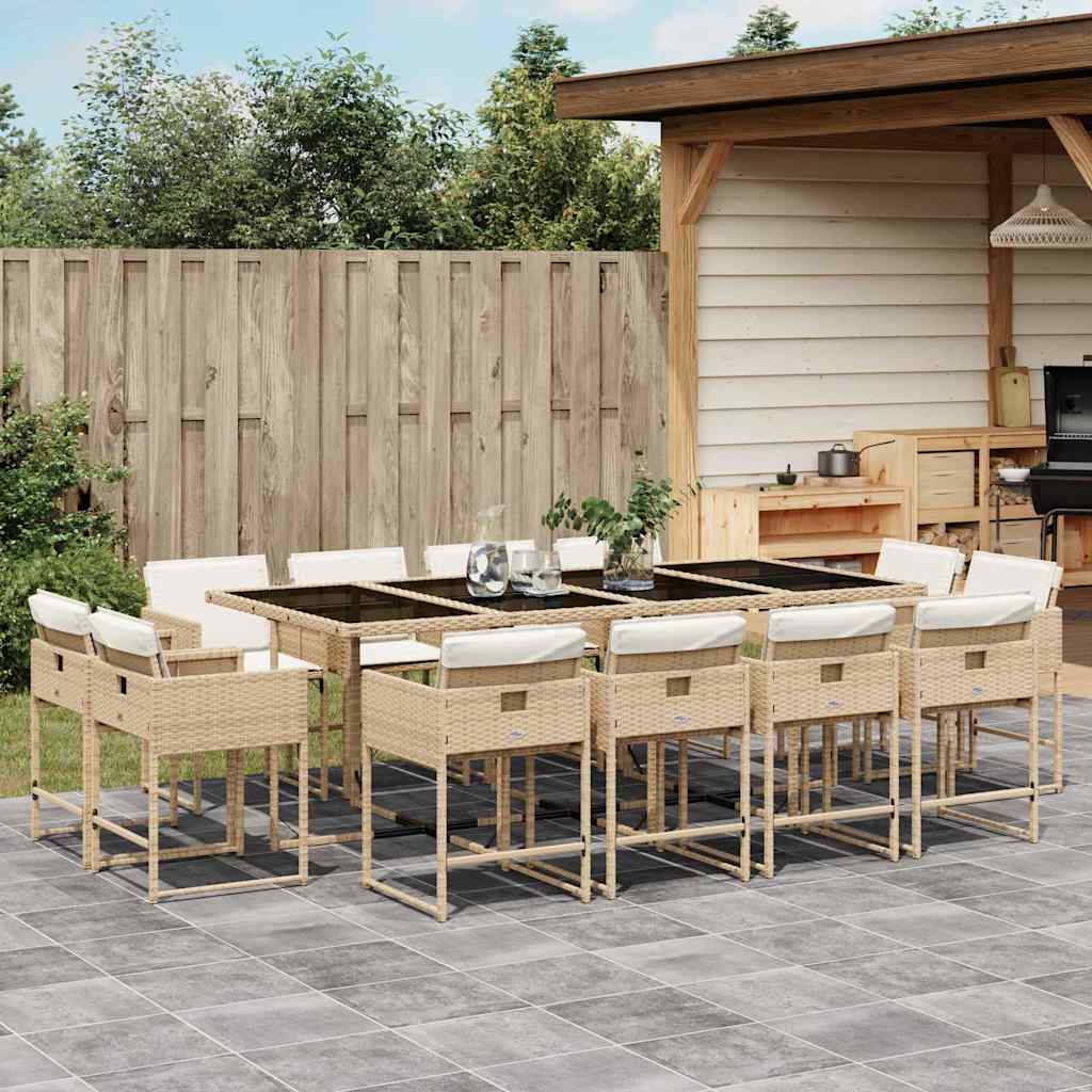 13 Pcs conjunto de jantar p/ jardim com almofadões vime PE bege