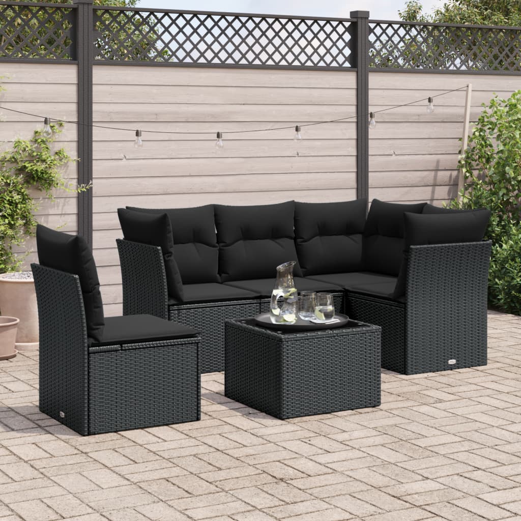 6 Pcs conjunto sofás de jardim c/ almofadões vime PE preto