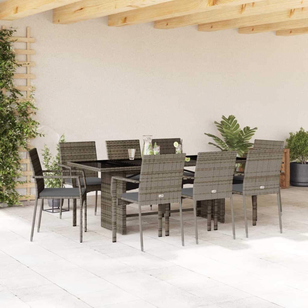 9 Pcs conjunto de jantar p/ jardim c/ almofadões vime PE cinza