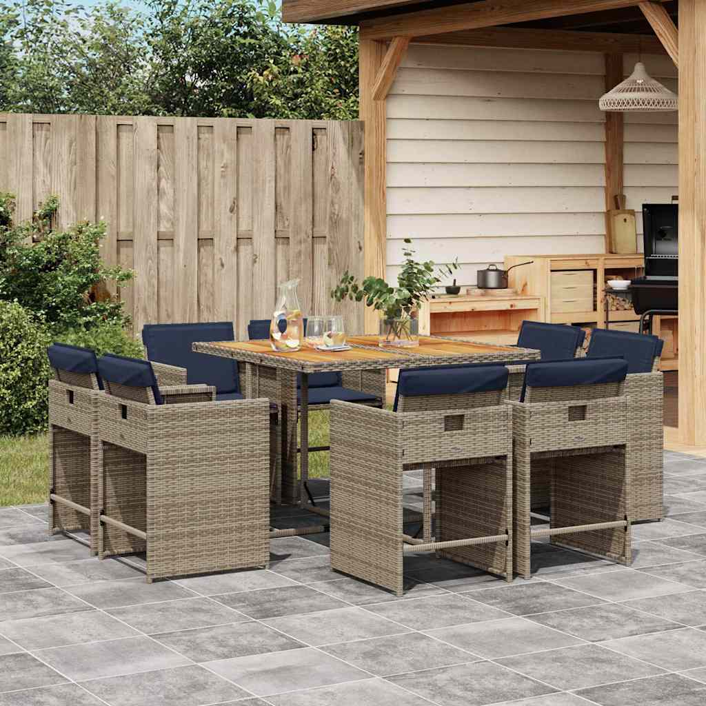 Conjunto de jantar para jardim de 9 peças com almofadas, em rattan sintético cinza