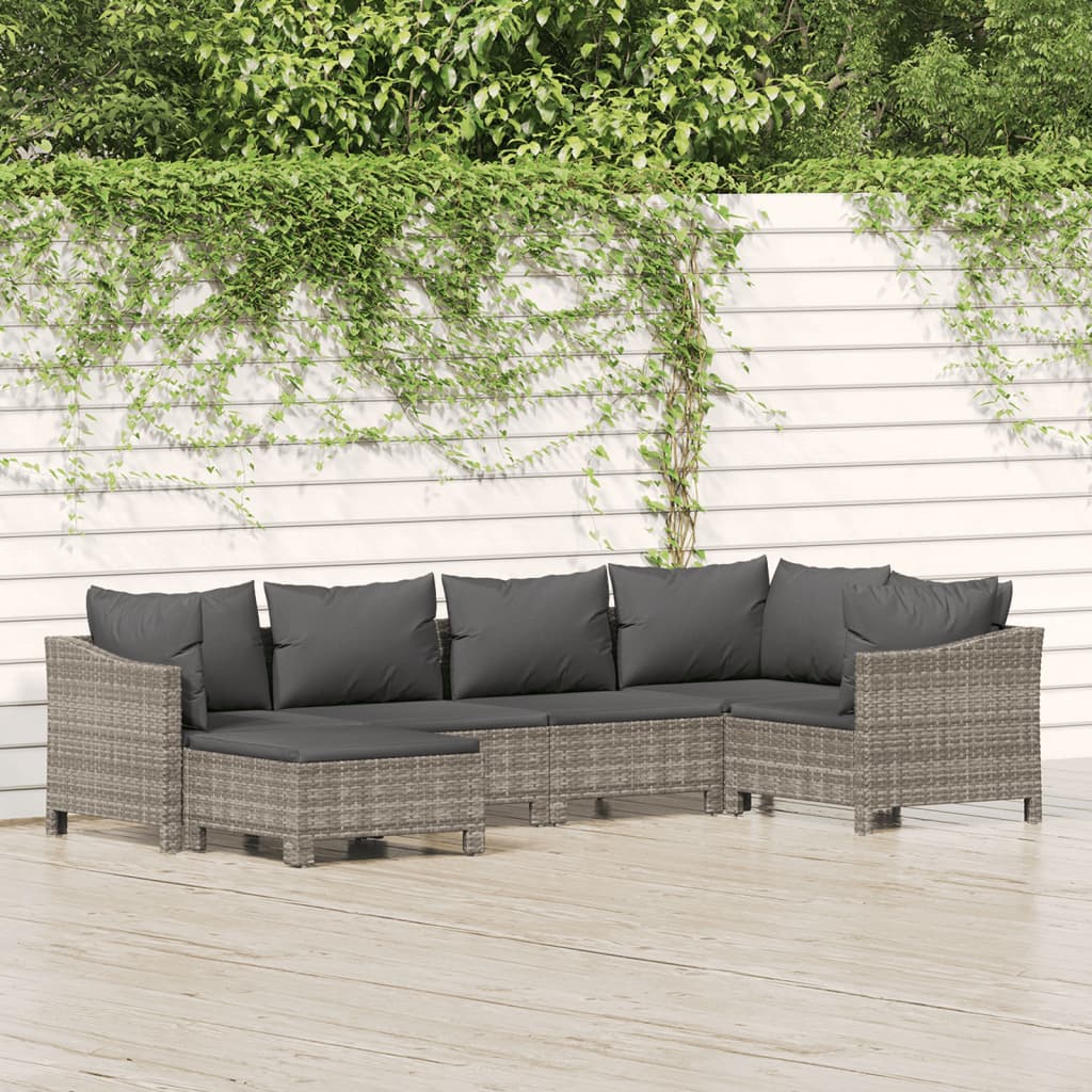 6 Pcs conjunto lounge de jardim c/ almofadões vime PE cinzento