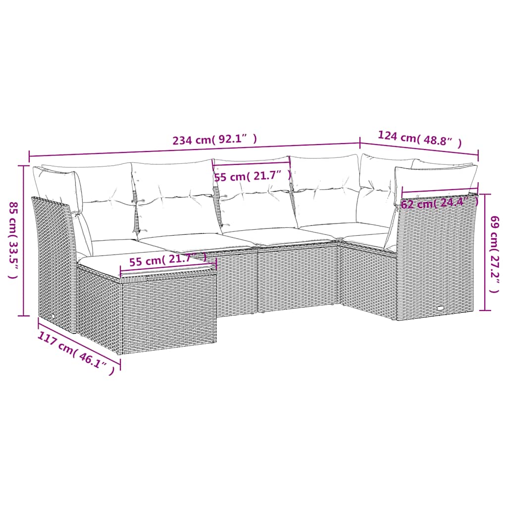 6 Pcs conjunto sofás de jardim c/ almofadões vime PE preto