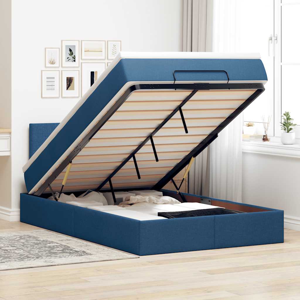 Cama otomana com colchão & leds 120x190cm tecido azul