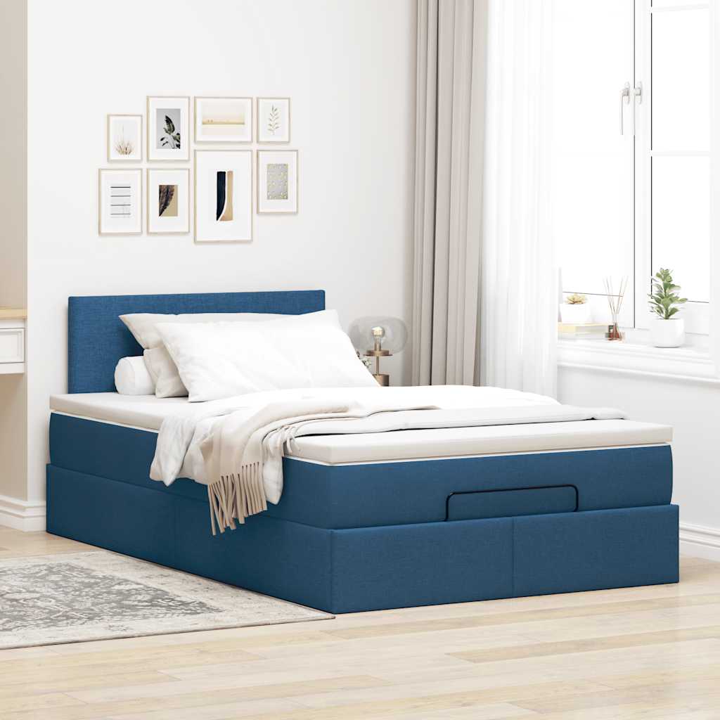 Cama otomana com colchão & leds 120x190cm tecido azul