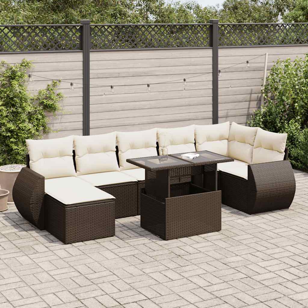 8 Pcs conjunto sofás de jardim c/ almofadões vime PE castanho