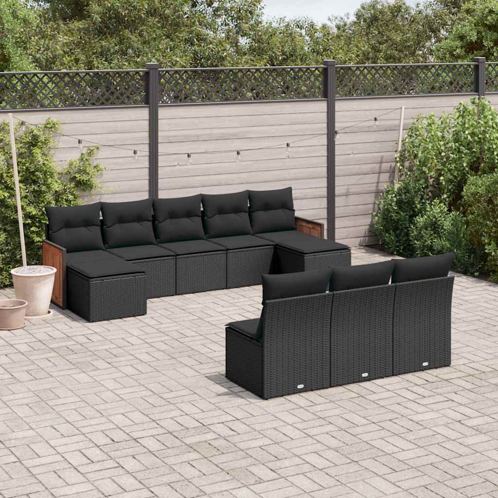 10 Pcs conjunto sofás de jardim c/ almofadões vime PE preto