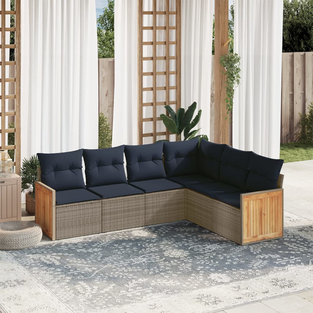 Conjunto de sofá de jardim com 6 peças e almofadas em rattan sintético cinza