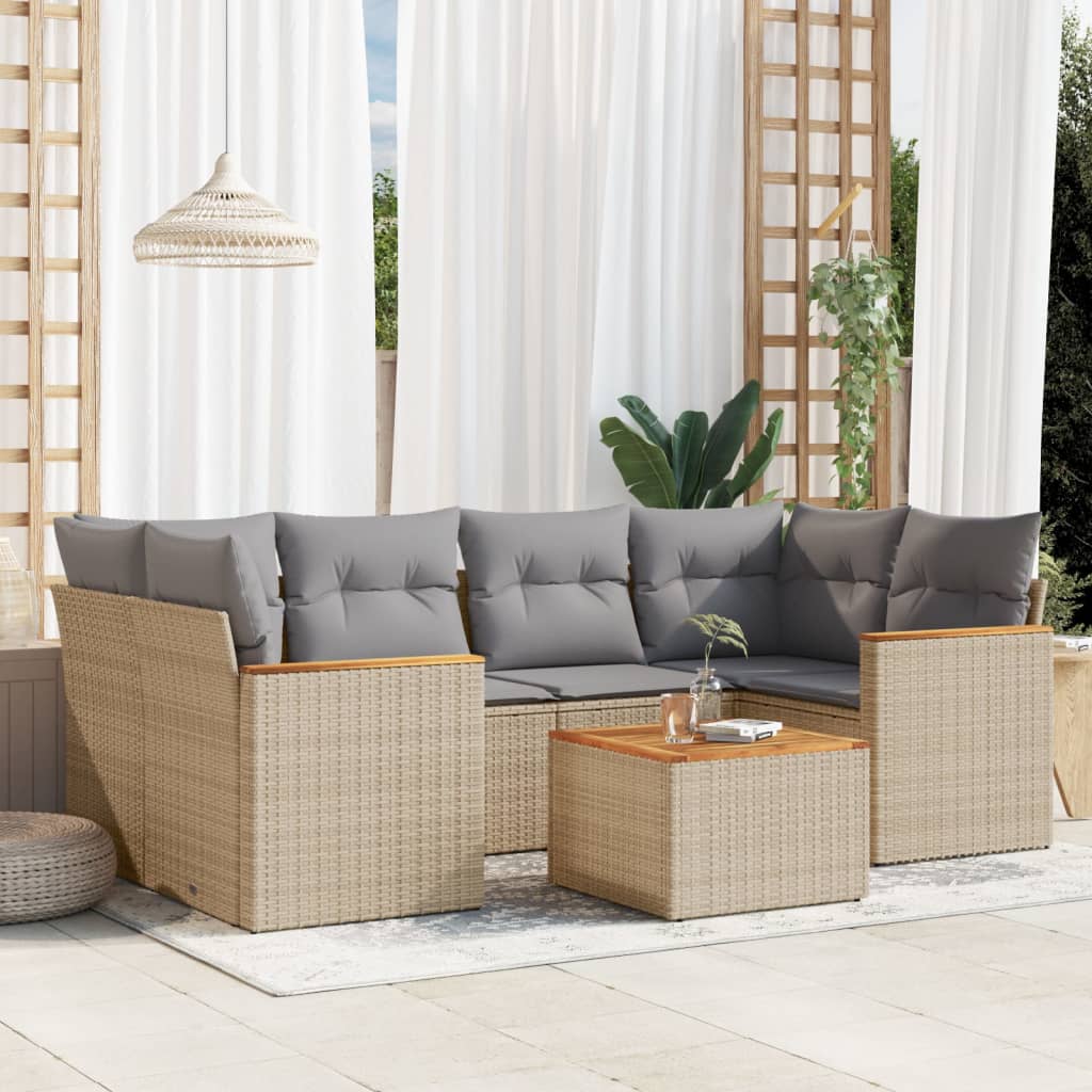 7 Pcs conjunto de sofás p/ jardim com almofadões vime PE bege