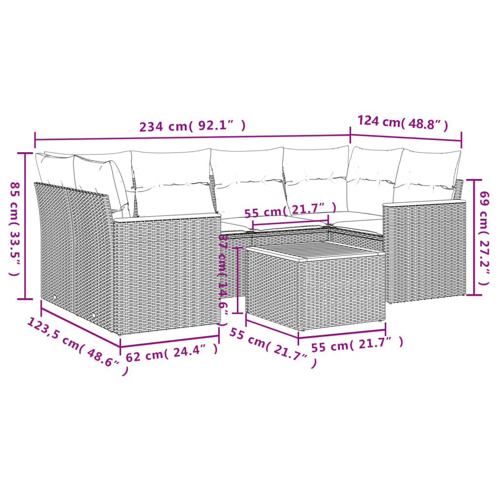 7 Pcs conjunto de sofás p/ jardim com almofadões vime PE bege