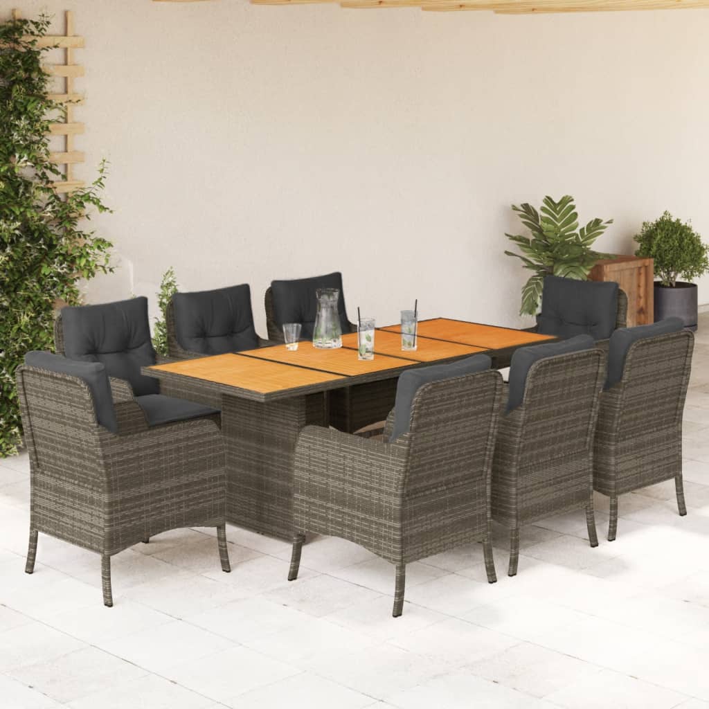 9 Pcs conjunto de jantar p/ jardim c/ almofadões vime PE cinza