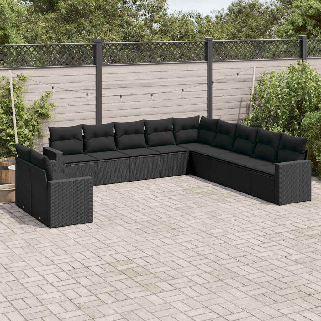 11 Pcs conjunto sofás de jardim c/ almofadões vime PE preto