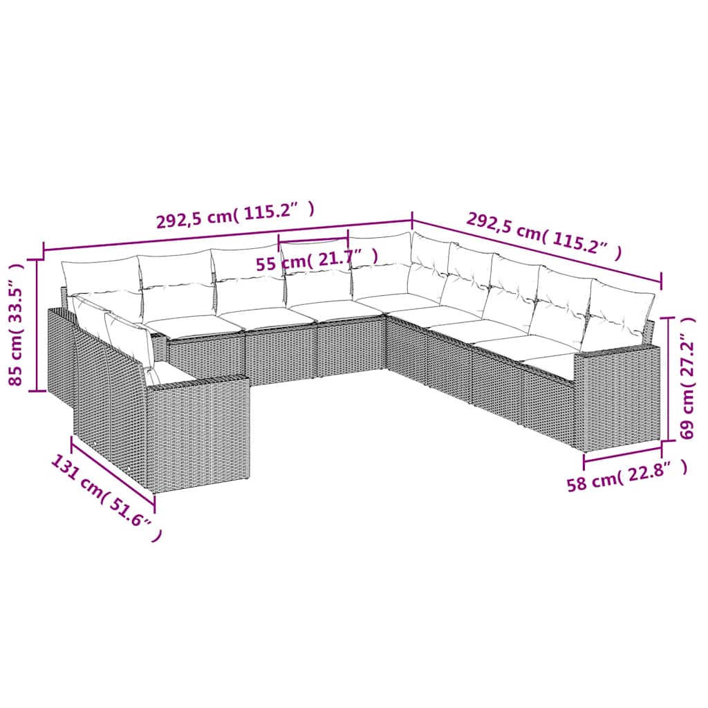 11 Pcs conjunto sofás de jardim c/ almofadões vime PE preto