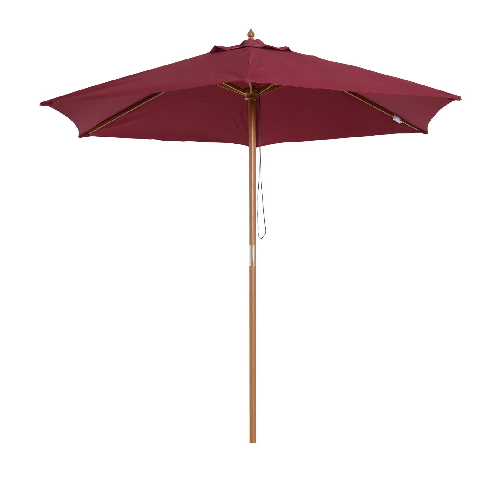 Chapéu de sol ø250x230cm chapéu de sol com mastro de madeira com 6 hastes sistema de polia com fixação para jardim pátio terraço vinho