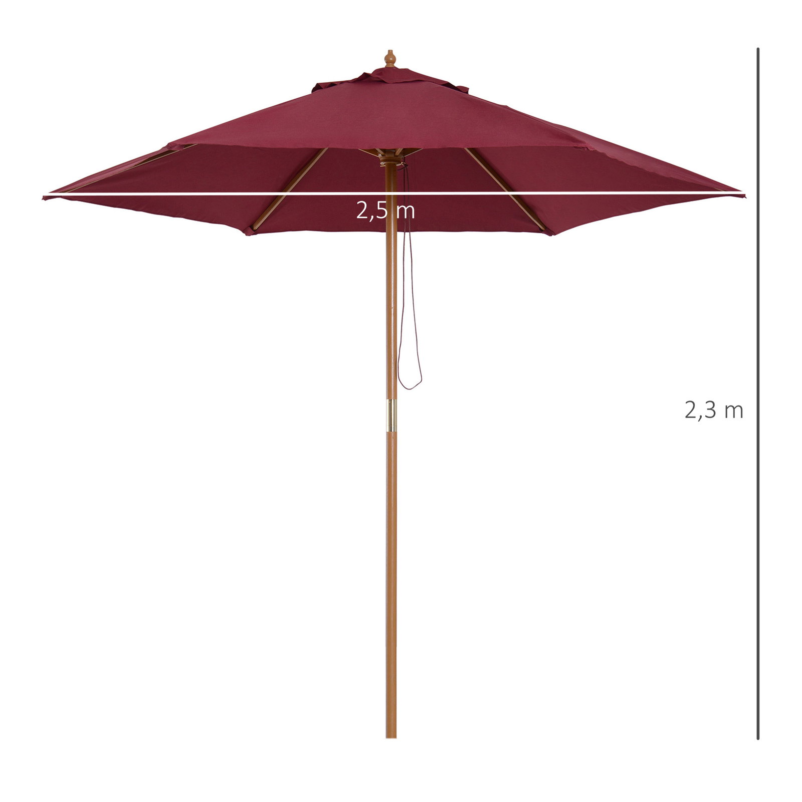Chapéu de sol ø250x230cm chapéu de sol com mastro de madeira com 6 hastes sistema de polia com fixação para jardim pátio terraço vinho