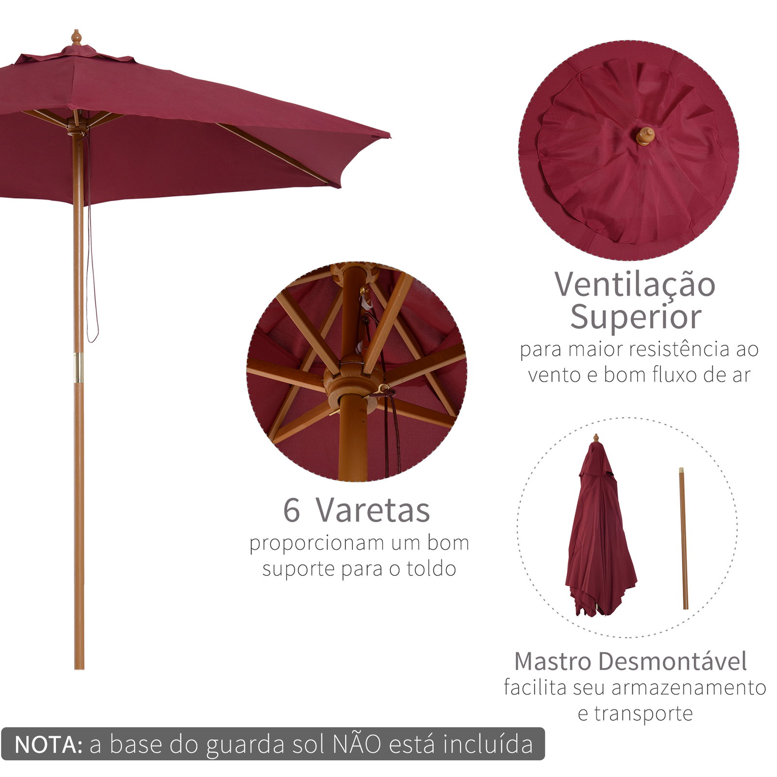 Chapéu de sol ø250x230cm chapéu de sol com mastro de madeira com 6 hastes sistema de polia com fixação para jardim pátio terraço vinho