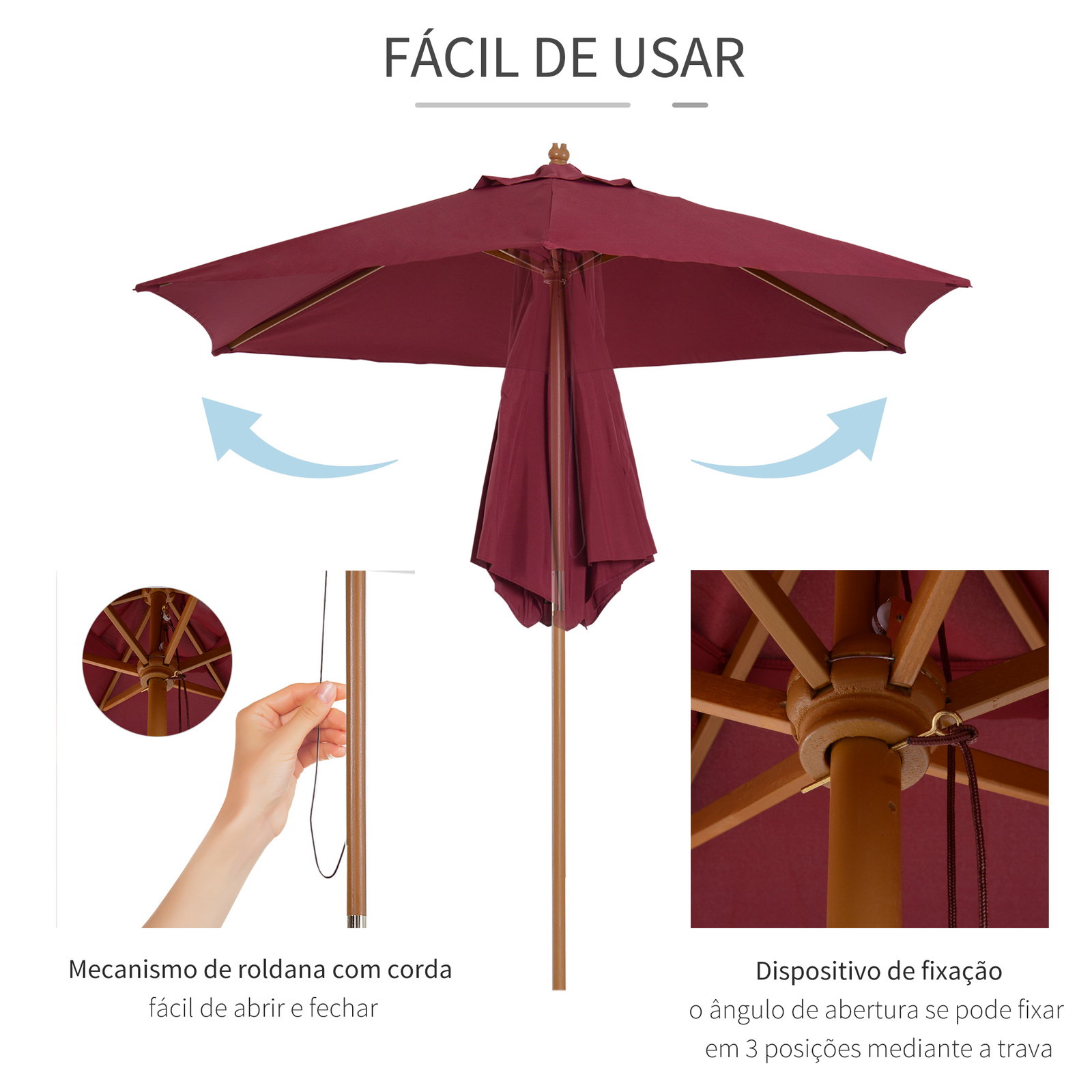 Chapéu de sol ø250x230cm chapéu de sol com mastro de madeira com 6 hastes sistema de polia com fixação para jardim pátio terraço vinho