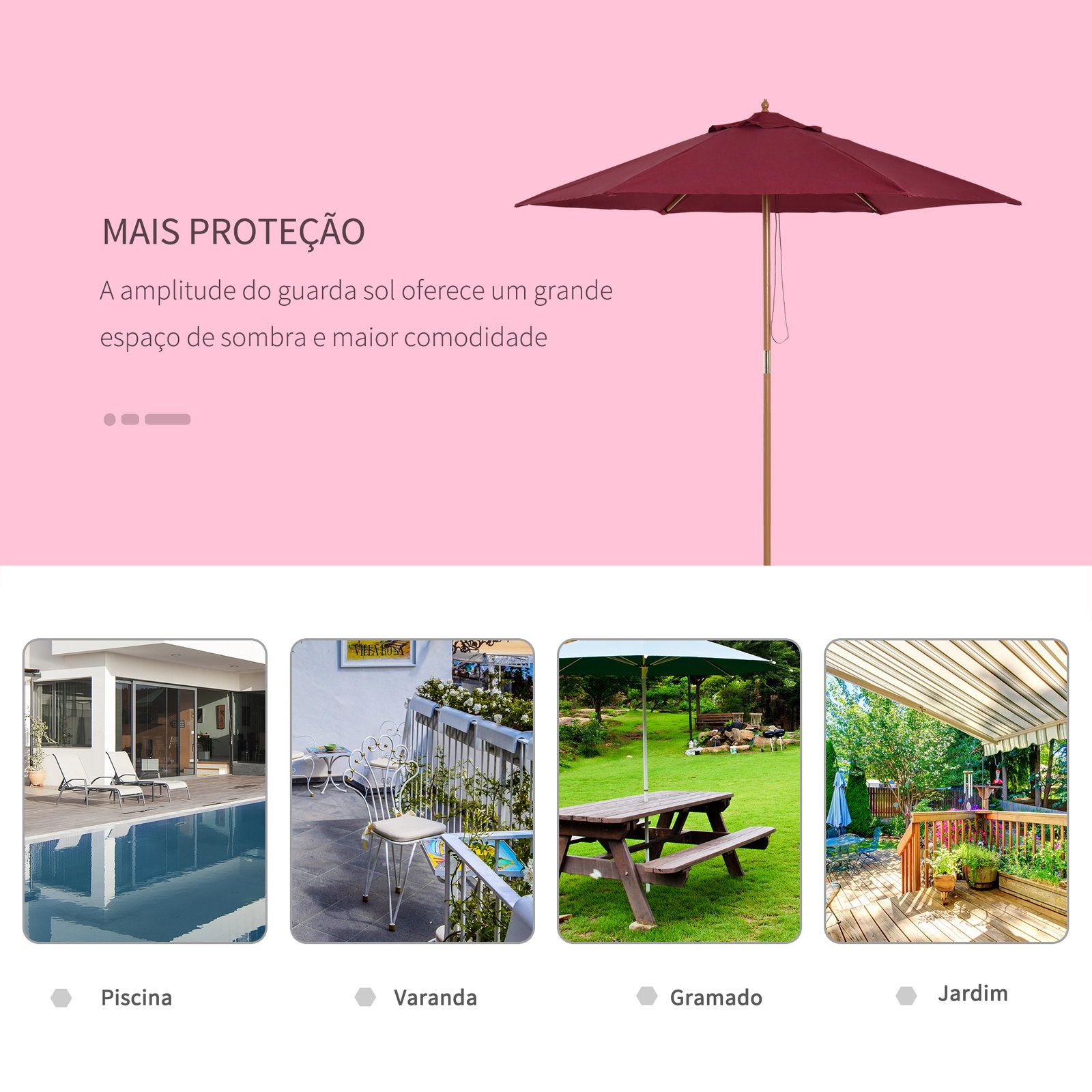 Chapéu de sol ø250x230cm chapéu de sol com mastro de madeira com 6 hastes sistema de polia com fixação para jardim pátio terraço vinho