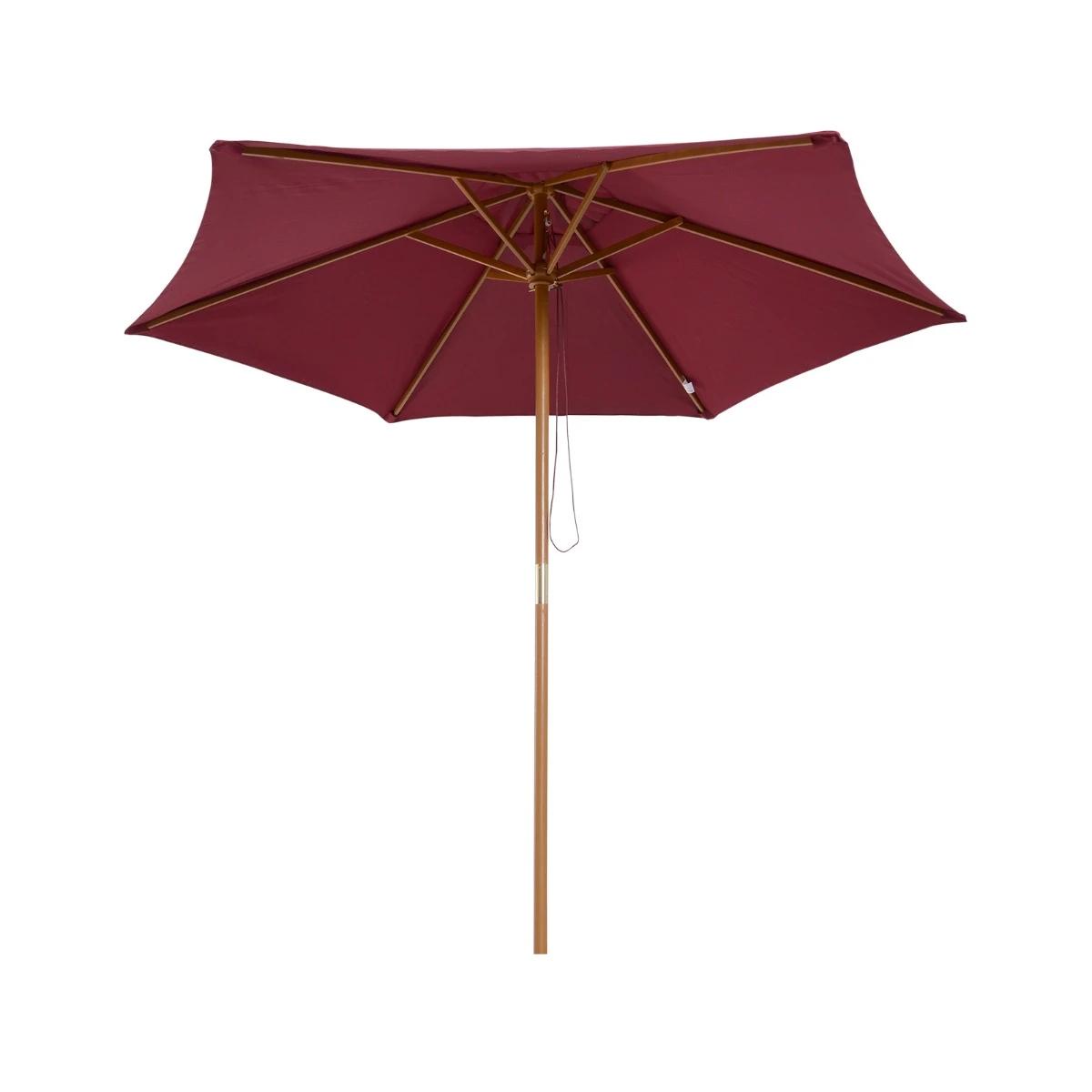 Chapéu de sol ø250x230cm chapéu de sol com mastro de madeira com 6 hastes sistema de polia com fixação para jardim pátio terraço vinho