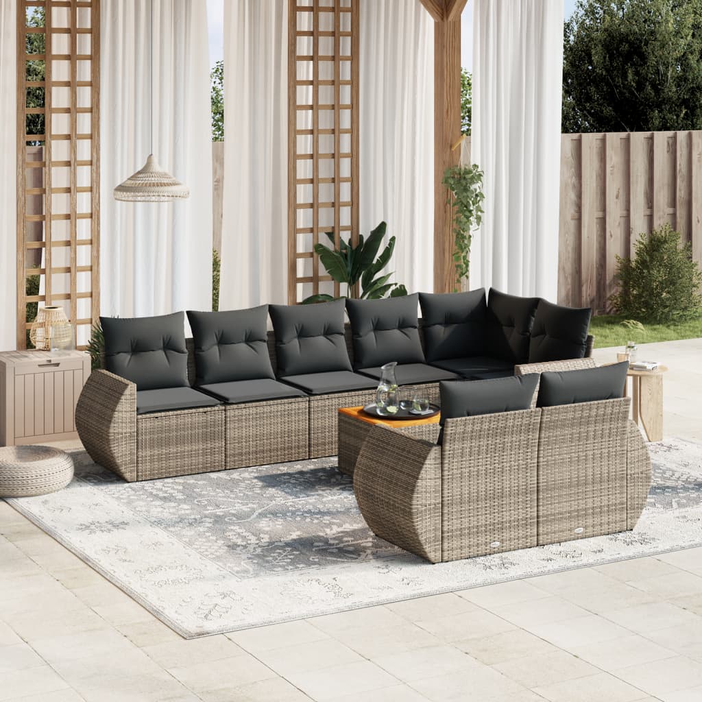 9 Pcs conjunto sofás p/ jardim com almofadões vime PE cinzento