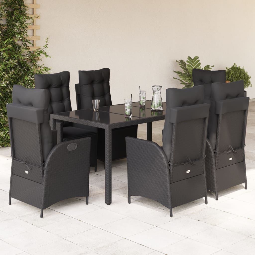 7 Pcs conjunto de jantar p/ jardim c/ almofadões vime PE preto